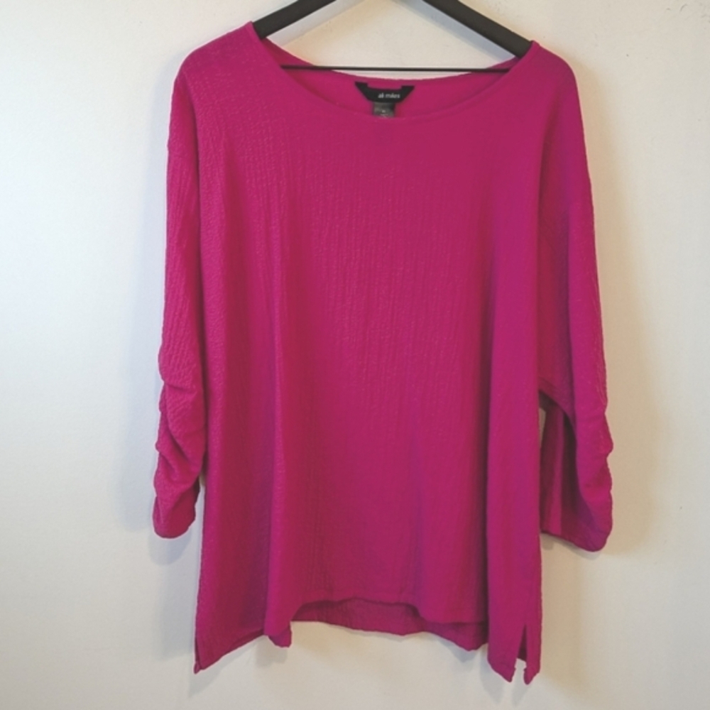 Ali Miles Women's Pink Ruched Tiered Sleeve Black Button Blouse Top Shirt XL